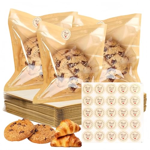 100PCS Sweet Bags with Seal 5.7x6.5 Inch Wax Cookie Bags with Window for Treat Bakery Cake Biscuit Heat Seal Cookie Gift Packaging Wrappers for Valentines Day Mothers Day Sweet Wrappers