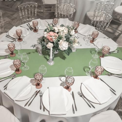 Image of 12Pack 12x108 Inch Satin Table Runner and 84 Inch Round Plastic Tablecloths White Sage Green Disposable Round Table Cover for Graduation Wedding Bridal Shower Anniversary Birthday Party Decorations