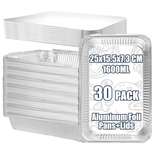 LOPYXBR 30PCS Aluminium Foil Trays with Lids 1600ML Tin Foil Containers with Lids Aluminium Takeaway Containers for Oven-Safe Baking, Cooking, Airfryer Use, BBQ (9.8x6x2.87inches)