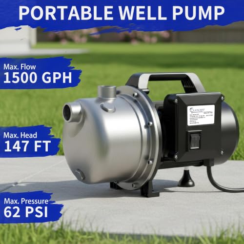 Image of LANCHEZ 1 HP Shallow Well Pump, 1500 GPH Stainless Steel Garden Irrigation Pump, 115V Water Transfer Pump, Water Booster Jet Pump for Home Garden Lawn Farm, Jet black