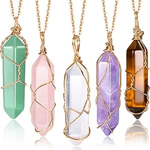 Yaomiao 5 Pieces Crystal Necklaces, Healing Stones Spiritual Pendant Natural Gemstone Jewelry with Adjustable Chain for Women Girls (Vivid Color with Gold Chain)