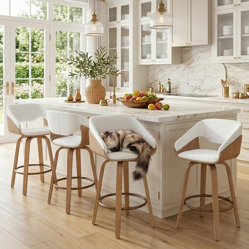 Image of 26'' Modern Barrel Swivel Counter Stools Counter Height Swivel Bar Stools with Backs Set of 6, White Linen Upholstered Bar Height stools, Farmhouse Solid Wood Barstools for Kitchen Island, Home Bar