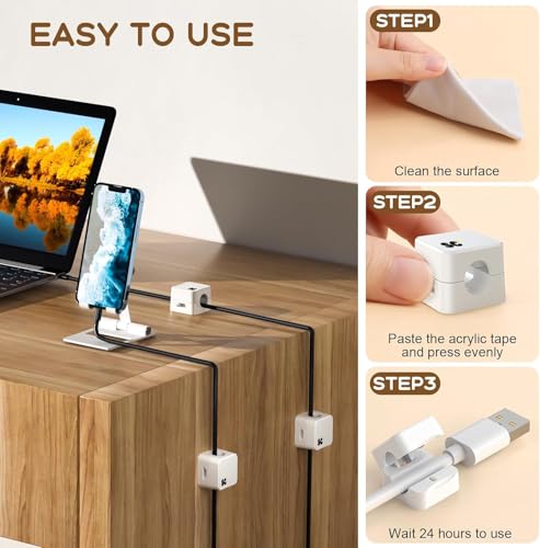 SC+ 6 Pack Clips Magnéticos para Cables • Soporte para Cables bajo Escritorio • Organización de Cables para Oficina en Casa, Teléfono, Auto, Pared, Escritorio, Velador • Soporte Premium para Cables (Blanco) miniatura 4