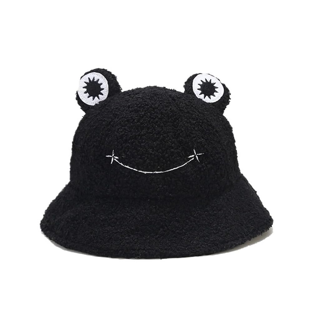 Chapeau seau grenouille en peluche noir pour adulte