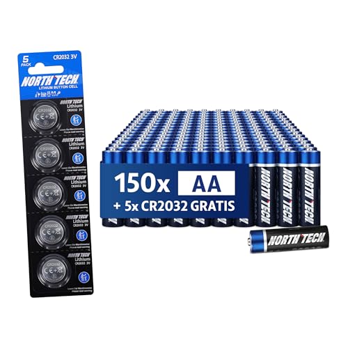 North Tech - Pilas alcalinas AA Ultra - 150 unidades + 5 x CR2032 GRATIS | Duradero, a prueba de fugas y alto rendimiento | Fuente de energía de 1,5 V para dispositivos de alto consumo | 10 años de