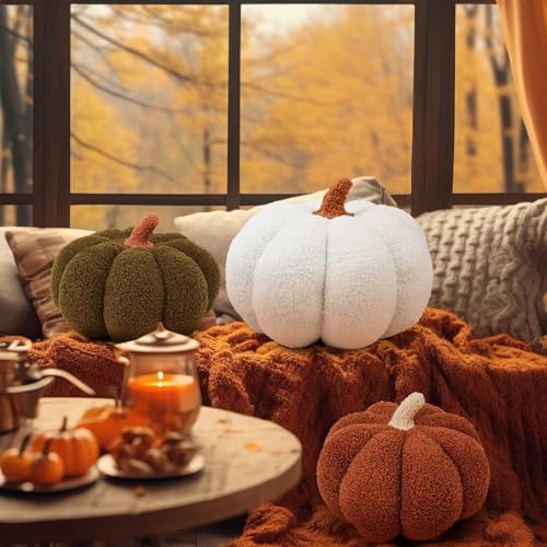 Juexica Gefülltes Kürbiskissen, flauschiges Plüsch, 3D-Kürbis-Form, Dekoration, Herbst, Erntedankfest, Halloween, niedlich, weich, Überwurf für Sofa, Couch, Zubehör (Weiß, Dunkelgrün, Braun), 3 Stück