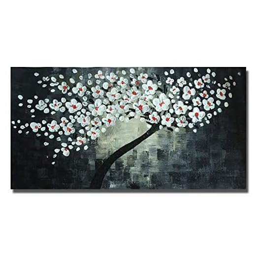 Oljemålning på duk, abstrakt vit plommonblomning Svart bakgrund Mönster Design Konstbilder Modern oljemålning Väggmålning Enkel för