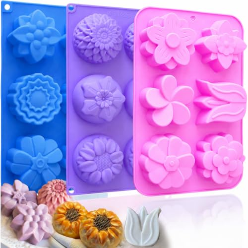 Image of Soap Molds Silicone Flower Shapes 3-Pack, Chocolate Ice Cube Cake Candy Gelatina Rose Molds Bath Bomb Different Floral Molds, Homemade DIY Non-Stick Craft Food Grade Molds BPA Free Tray Molds