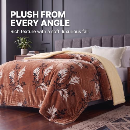 Image of BSB HOME Premium Flannel Fleece Blanket with Sherpa Reverse, 280 GSM Soft Plush Reversible Floral Blanket, Warm Cozy Winter Blanket for Bed, Sofa & Couch, 90 x 100 Inches (228 x 254 cm) - Rust Brown