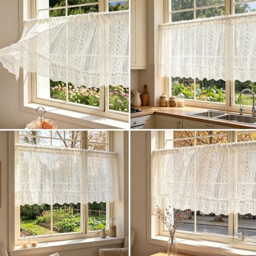 Image of Lace Short Curtain 150x60cm, Semi Sheer Cafe Curtain Kitchen Window Valance, Light Filtering Kitchen Curtains for Small Windows