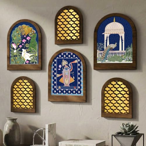 Image of MDF Jharokha Wall Mirror for Home Decor | Traditional Decorative Wall Hanging Jharokha Mirror | Premium Mirrors for Living Room Bedroom Set of 6 (9x12 inch & 7.5x9.5 inch)