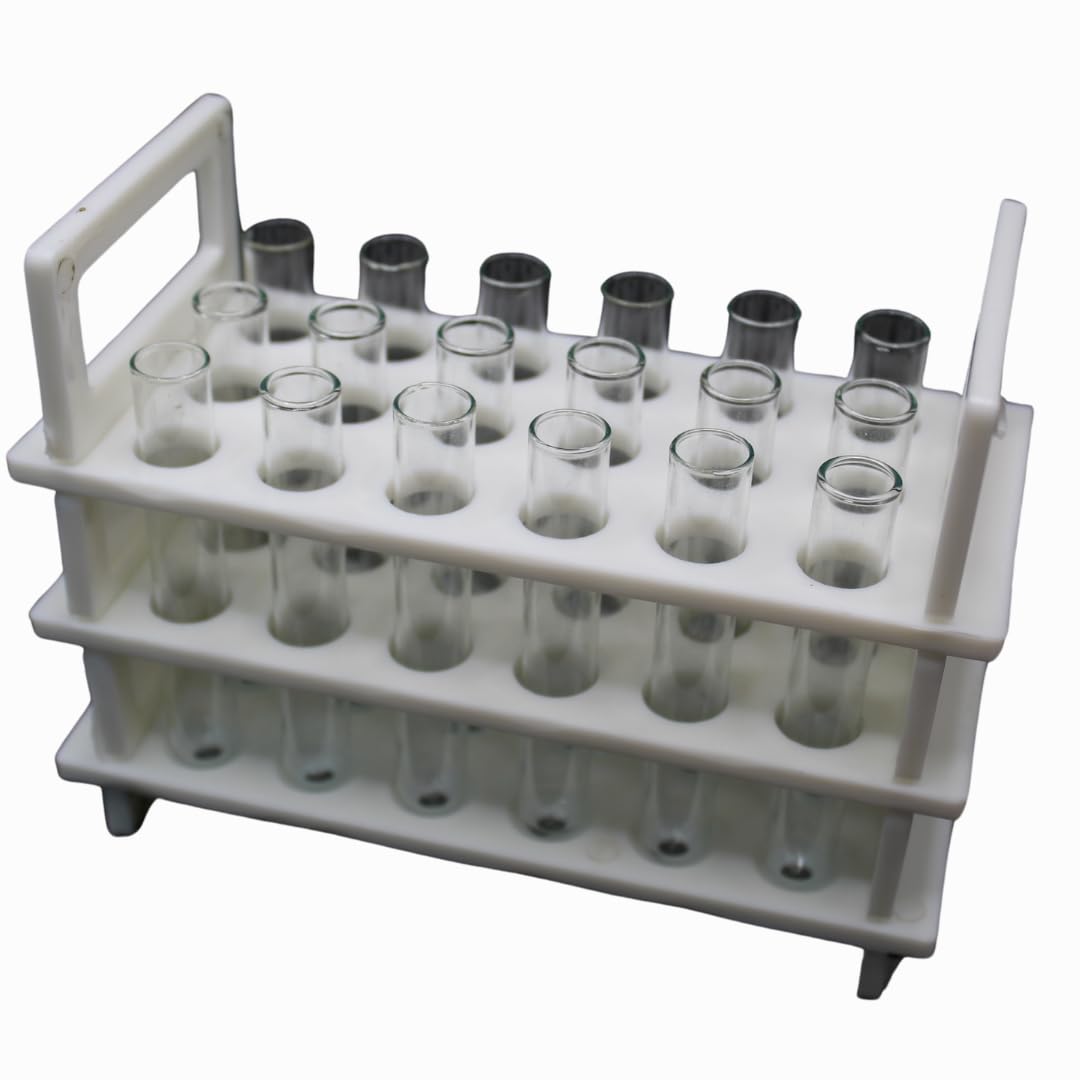 the labworld test tube stand holder detachable with borosilicate glass tubes 12x75 mm for scientific experiments, pathological tests (medium 18 holes with 18 test tubes)