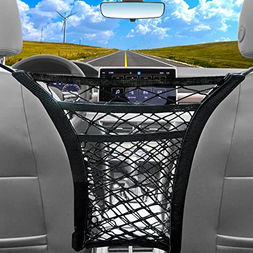 Image of Vrasly 3-Layer Car Mesh Organizer, Car Net Pocket, Car Organizer Storage Between Front Seats, Multifunctional Car Seat Organizer, Barrier of Backseat Pet Kids, Driver Storage Netting Pouch