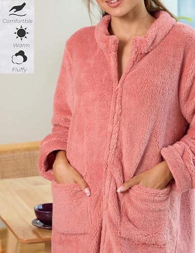 Image of Ekouaer Women Zipper Robe Fleece Long Sleeves Bathrobe Sleepwear Warm Soft Housecoat with Pockets Zip Up House Dresses