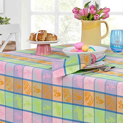 Home Bargains Plus Bunny Jubilee Easter Patchwork Woven Plaid Cotton Tablecloth, Pastel Easter Egg And Floral Plaid Woven Spring Fabric Tablecloth, 60” X 84" Oval #TOP7