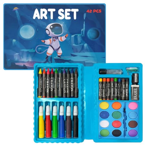 Image of KARP Children Deluxe Art Drawing Set for Kids| Drawing & Coloring Set with Crayons, Oil Pastels, Colour Pencils, Watercolors, Sketch Pens, Brushes & Carry Case (42 Pcs Astronaut Print Art Set)