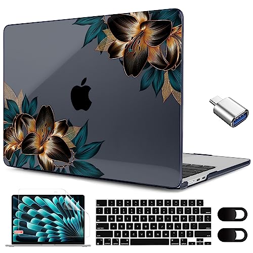 Image of MEEgoodo for M5 /M4 /M3 /M2 MacBook Air 15 inch Case 2026 2025 2024 2023, Case Fit Model (A3448 /A3241 /A3114 /A2941) for MacBook Air 15.3 inch, Golden Lilies