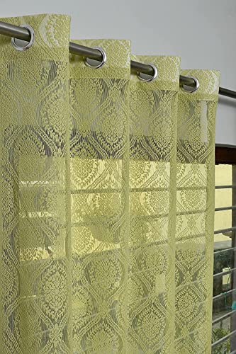 Image of Fabrilia Polyester Sheer Net Damask Design Semi Transparent Eyelet Long Door Curtains 9 feet Set of 2- Green