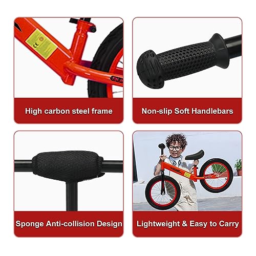 Bueuwe 16 inch Balance Bike for 4 5 6 7 8 Boys Girls, No Pedal Kids Bikes, Training Bicycle with Adjustable Seat, Best Gift, Red