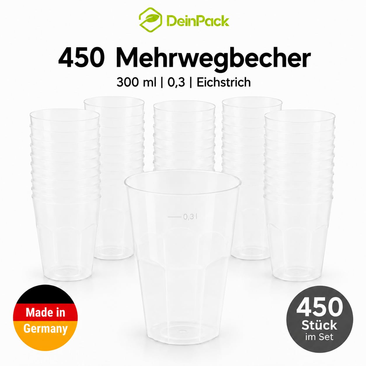 450 Cocktailbecher 300ml Made in Germany | wiederverwendbare Getränkebecher mit Eichstrich | bruchsicher | spülmaschinenfest | transparente Trinkbecher 0,3l | Partybecher