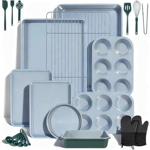 Ammeloo 22-Piece Baking Pans Set Stackable Bakeware Non Stick Baking Set Non Toxic Oven Pans, Including Roasting Pan, Cookie Sheets, Muffin Pans, Cake Pans, Oven Mitt and Utensils(Gray & Hunter Green)