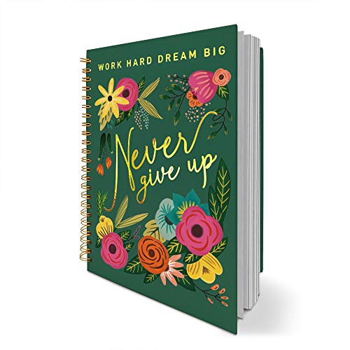 Green Folk Floral Spiral Notebook Lined Journal, Hardcover with Gold Foil Words, Never Give Up, Inspirational Diary Gift for Women, Teen, Girls, Friend, Colleague, School, Office