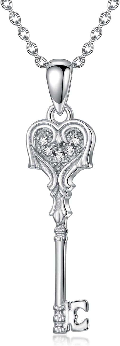 Sterling Silver Diamond Key Pendant Necklace for Women, 18+2Inch