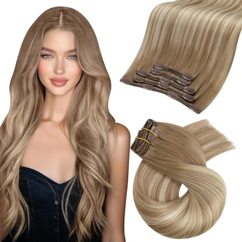 Image of Moresoo Real Hair Extensions Clip ins Brown Blonde Balayage 20 Inch | Human hair clip in extensions, light brown to light golden blonde, 80g 5pcs for lightweight length and wedding styles