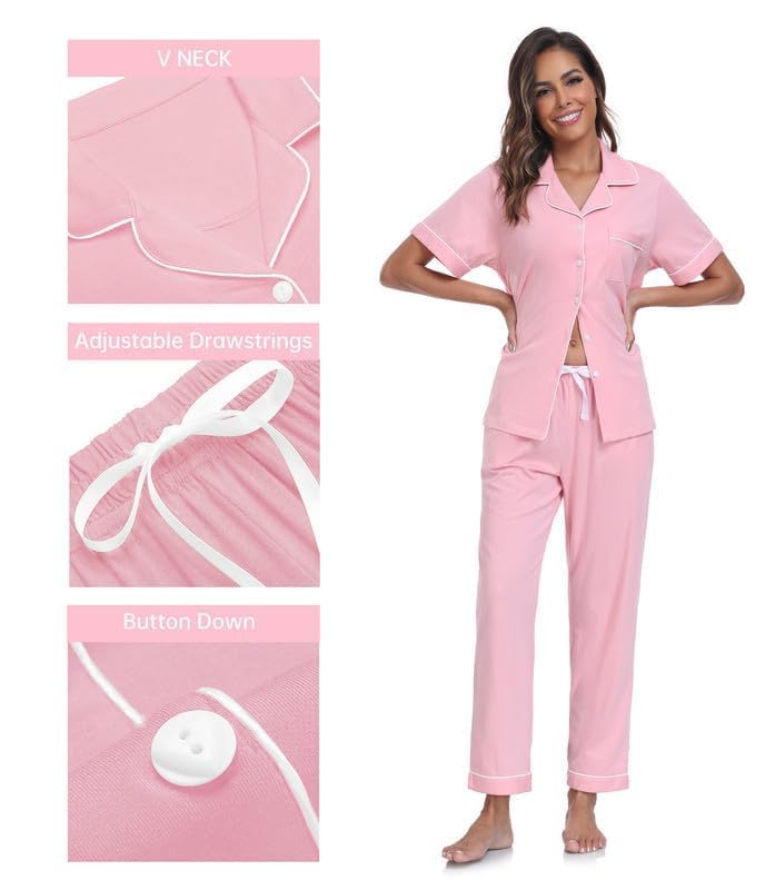 Image of CF Womens 100% Cotton Pajamas Set Button Down Pjs Sets Short Sleeve Top & Long Pants Sleepwear Comfy Loungewear with Pockets