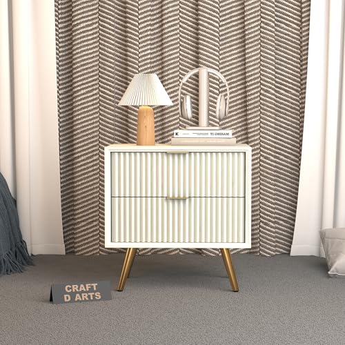 Image of CRAFT D ARTS Wooden Bedside Table for Bedroom with 2 Drawers | Nightstand Lamp Table for Home & Hotels | Side Table for Living Room | HDMR Premium Wood & Iron Golden Legs | White | 17x14x19 Inch