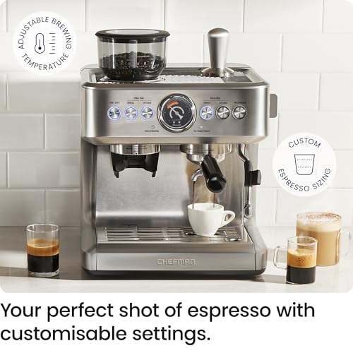 Chefman Crema Supreme 15 Bar Espresso Machine with Milk Frother, Barista Steam Wand, Professional Coffee Maker with Coffee Grinder, 30 Grind Settings, 3L Removable Water Tank - Stainless Steel