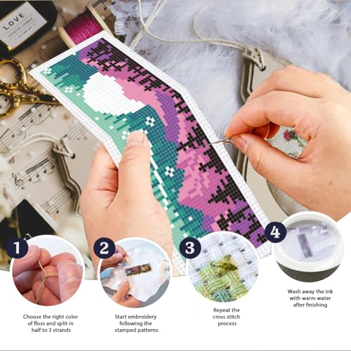 Image of INFUNLY 6PCS Night Sky Cross Stitch Bookmark Kits 3x8.5inch Horizontal Landscape Stamped Embroidery Page Marker DIY Starry Night Needlepoint Bookmark Kit for Book Lovers Writers Gift