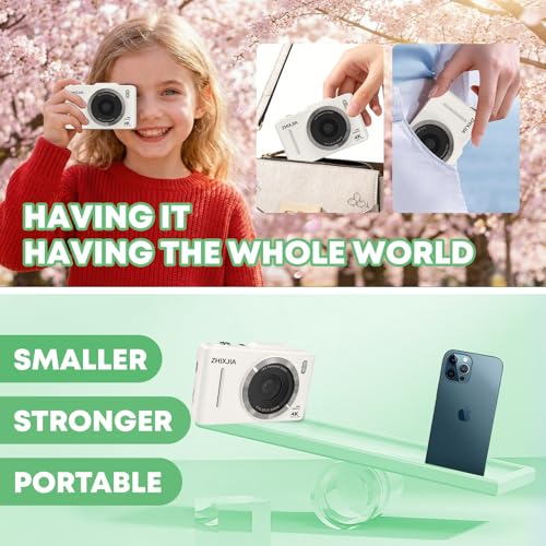 Image of Digital Camera, Autofocus 4K Point and Shoot Digital Cameras with 16X Zoom Anti Shake, 48 MP Cameras for Photography with 64GB Card, Compact Portable Small Camera for Kids Girls Boys Beginners, White