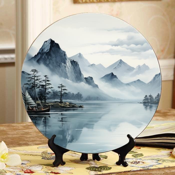 Mountains and Waters 10-inch Ceramic Plate for Wall Display or Tabletop, with Stand & Hook DP-362850121