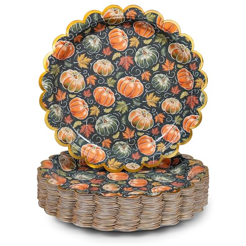 Image of Confettiville Thanksgiving Paper Plates, 50-Count Disposable Thanksgiving Dinner Plates, Scalloped, Party Supplies, Pumpkins, Green