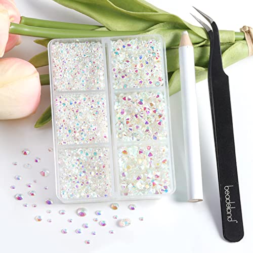 Beadsland 4300pcs Flatback Rhinestones,Transparent AB Rhinestones Nail Gems Round Crystal for Crafts,Mixed 6 Sizes with Picking Tweezers and Wax Pencil Kit - Image 4