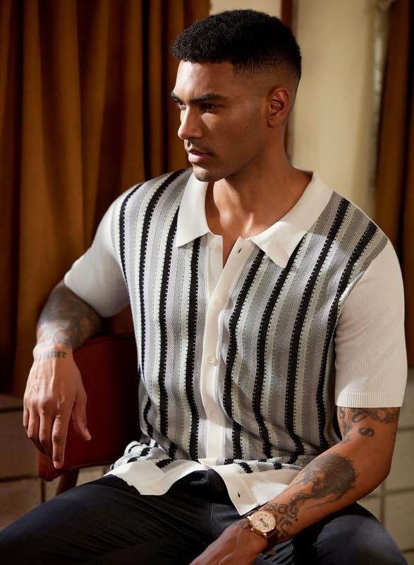 Mens Casual 70s Vintage Knit Sweater Polo Shirt Knitted Button Down Shirt L3