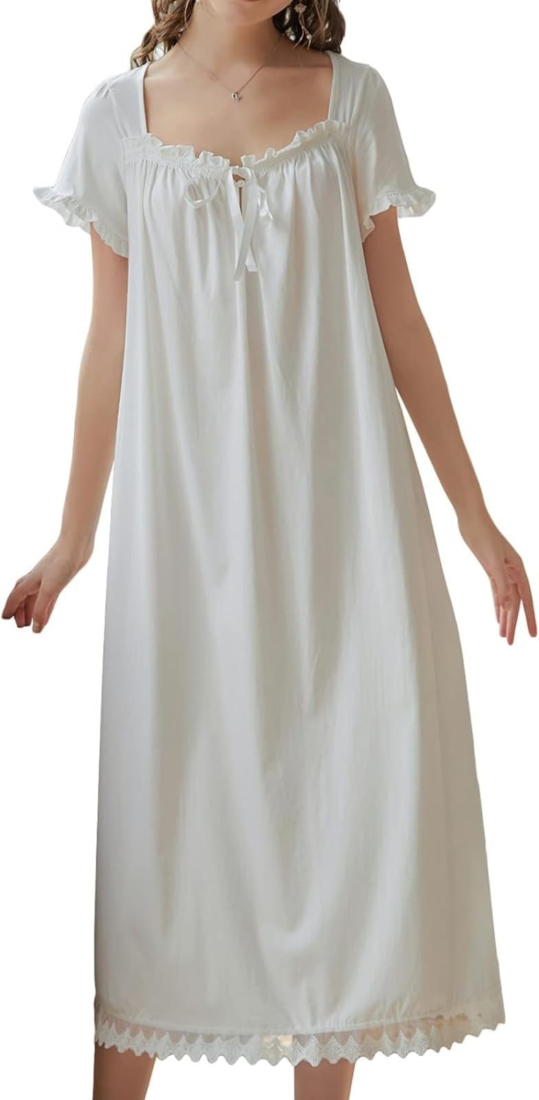 LLECDASEUI Women's Victorian Cotton Nightgowns Vintage Sleepshirts Lace Ruffle Princess Nightdress (L,White)