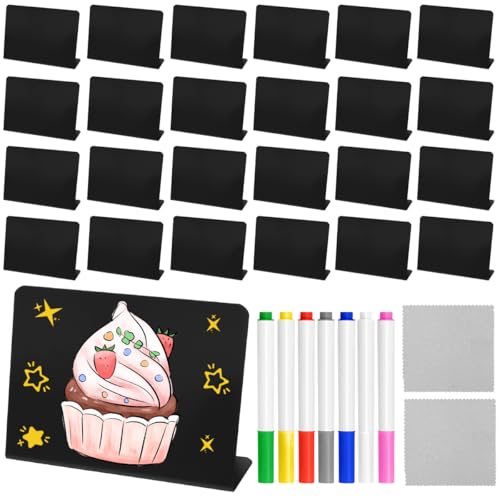 Zuxbolf 30 Piezas Mini Letreros de Pizarra Negra,10 X 7.6cm Reutilizables Pizarra Pequeña Letreros de Pizarras para Precios con 7 Bolígrafos y 2 Paño,Cartel Reservado Mesa para Buffet Tienda Fiesta