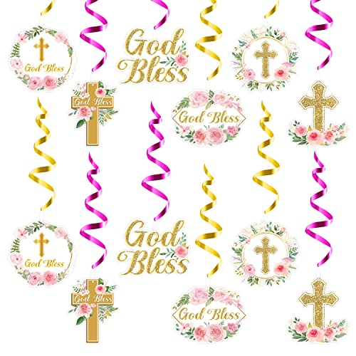 ANGOLIO 30Pcs Pink Floral Cross Hanging Swirls Decorations, Religious Baby Shower Themed Decoration Ceiling Hanging Decor, First Holy Communion Ceremony Party Swirl Ornaments for Wall Home Supplies