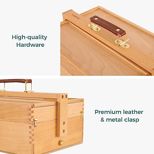 Image of VISWIN Multi-Function Artist Storage Box, Portable Solid Beech Wooden Tool Box with Drawer, Three Layers Art Supplies Storage Box for Paint Brush, Pen, Pastel, Paining Supplies, 13 1 /2 inch x9 1 /2 inchx5 inch