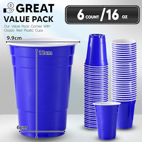 Komonee Blue Cups 16oz 500ml Wide Rimmed Disposable American Superbowl Party Cups USA Adult Novelty Plastic Glass 6pc - Image 2
