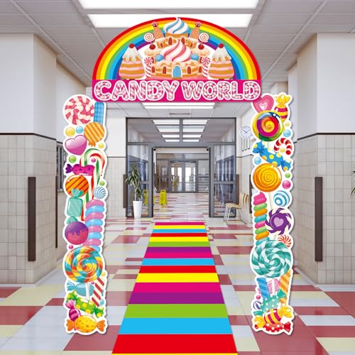 Image of 4Pcs Sweet Candy Party Decorations Candy Door Covers Sweet Hanging Banner Backdrop Candys Themed Party Land Store Porch Sign Colorful Runner Rug Background Photo Prop for Baby Shower Birthday Supplies