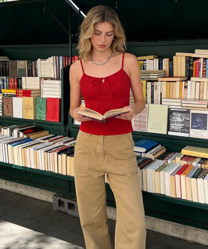 Image of Belle Poque Women's Tie Front Spaghetti Strap Top Sexy Cutout Crop Tank Top Y2k Slim Fit Going Out Camisole Tops