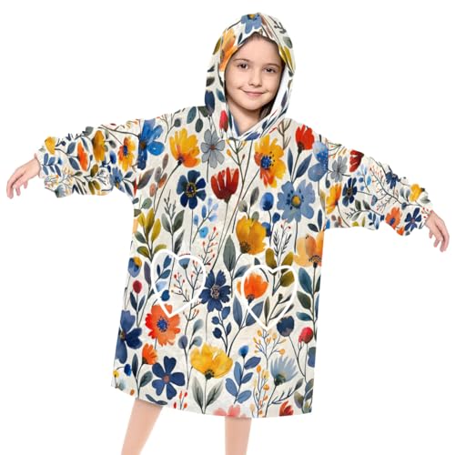 Pardick Wearable Blanket Hoodie for Kids, Beautiful Flowers Fleece Sweatshirt Blanket Oversized Blanket Sweatshirt with Pocket Flannel Warm Hooded Blanket 6-10 Year Old Girl Boy Gift, One Size