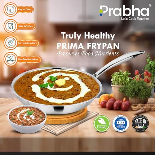 Image of Prabha Stainless Steel Fry Pan Without Lid, Kitchen Fry Pan, Tri-Ply Layer, 16cm, 0.65L Capacity, Induction and Gas Stove Suitable