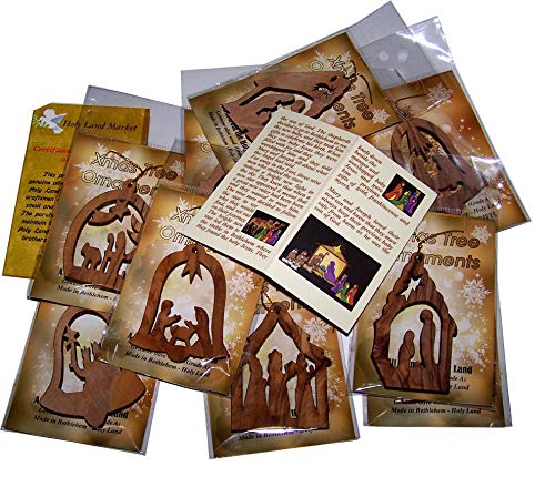 Holy Land Market Olive Wood Ornaments - Set of 12 Flat Christmas Decorations with Nativity Story...