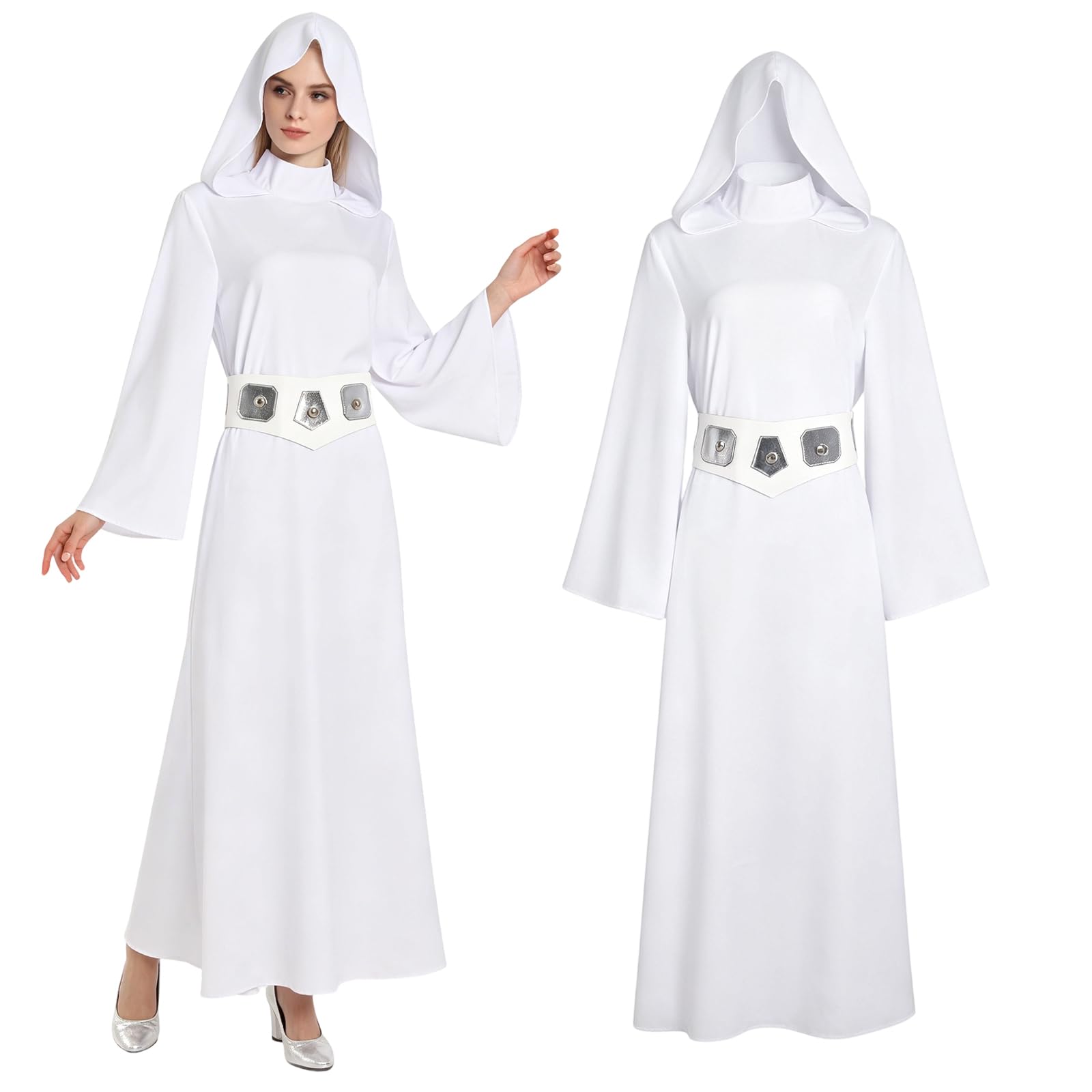 nezafly Princess Costume Women White Dress Hooded Robe with Belt Halloween Carnival Outfits Set for Adults
