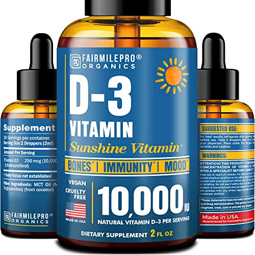 Vitamin D 10,000 IU - Vitamin D3 for Immune Support & Healthy Bones - Made in USA - High Potency Vitamin D Supplements - D3 Vitamin with MCT Oil - Vegan & Non-GMO - 2 fl oz