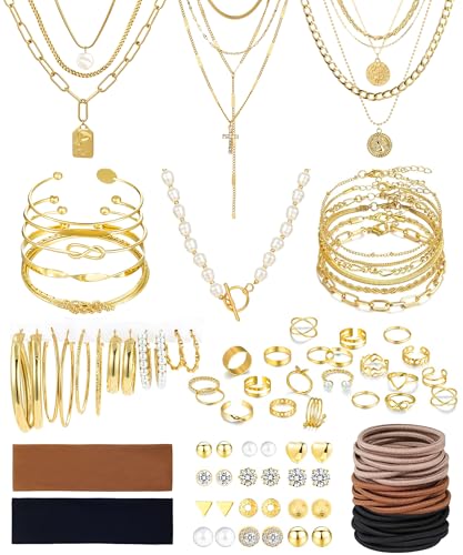 Image of 105 Pcs Gold Jewelry Set for Women Costume Jewelry Multi Layer Necklace Stackable Bangle Link Bracelet Stud Hoop Earrings Knuckle Rings Hair Tie Headband Set Jewelry Pack for Women